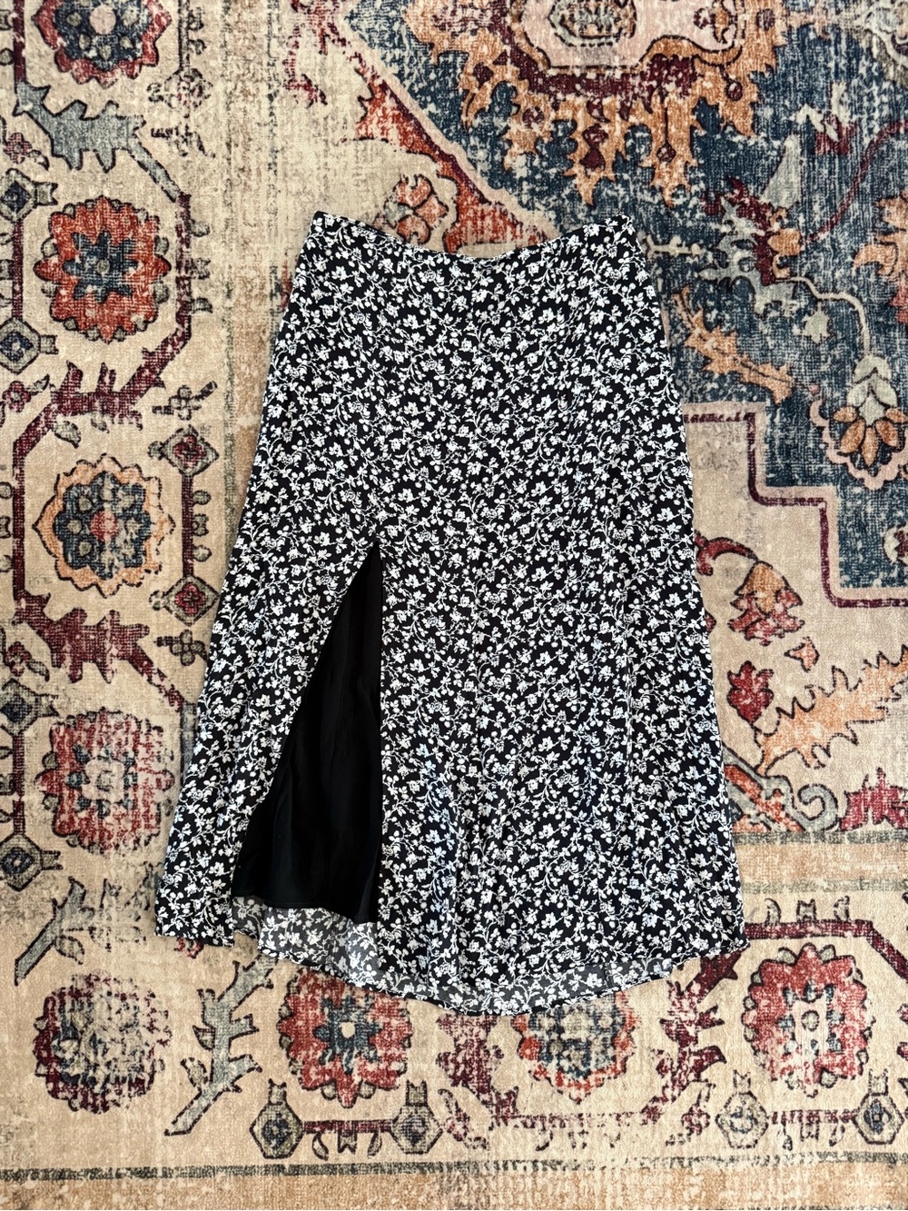 Anthropologie Black and White Floral Side-Slit Midi Skirt